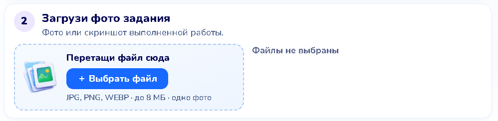 Блок «Загрузи фото задания» с кнопкой «Выбрать файл»